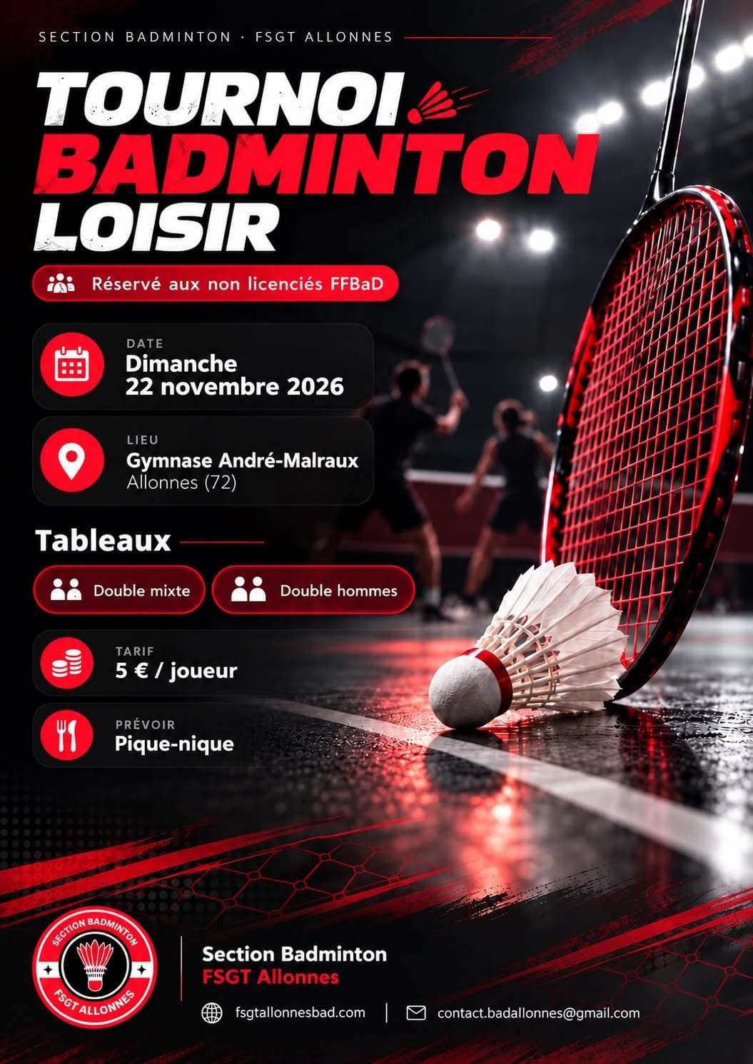 Affiche du tournoi de badminton loisir du dimanche 22 novembre 2026 au gymnase André-Malraux d’Allonnes : double mixte et double hommes, 5 € par joueur, réservé aux non licenciés FFBaD.